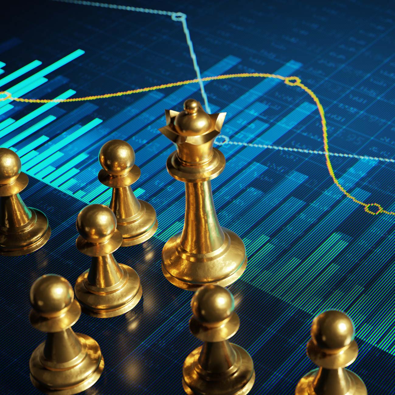 Chess pieces on a line and bar chart